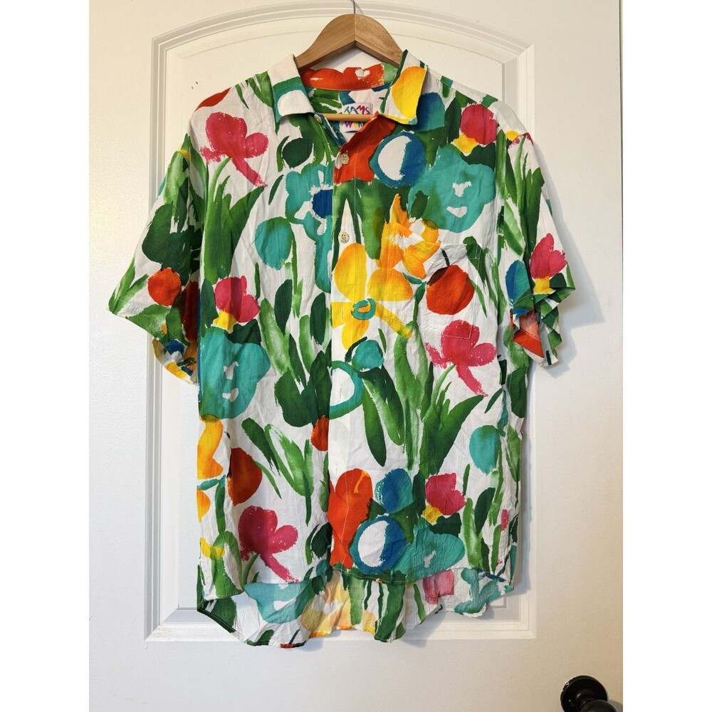 JAMS World Vintage Shirt Men's Hawaiian Aloha Floral Button Up Short Sleeve Lrg